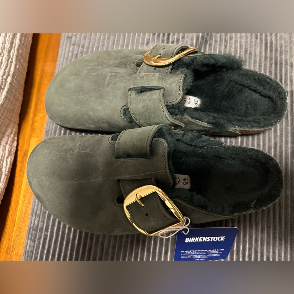 Birkenstock Shearling Boston Big Buckle Thyme 40 New Free People